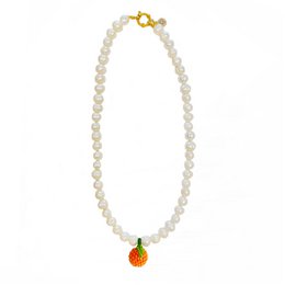 A delicate pearl necklace with a vibrant strawberry charm, perfect for adding a touch of whimsy to any outfit.