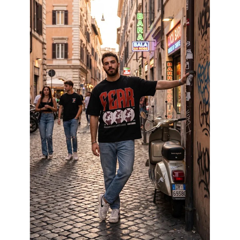 T-Shirt Nera 220gr Fear Oversize Cotone Made in Italy