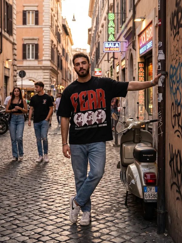 T-Shirt Nera 220gr Fear Oversize Cotone Made in Italy