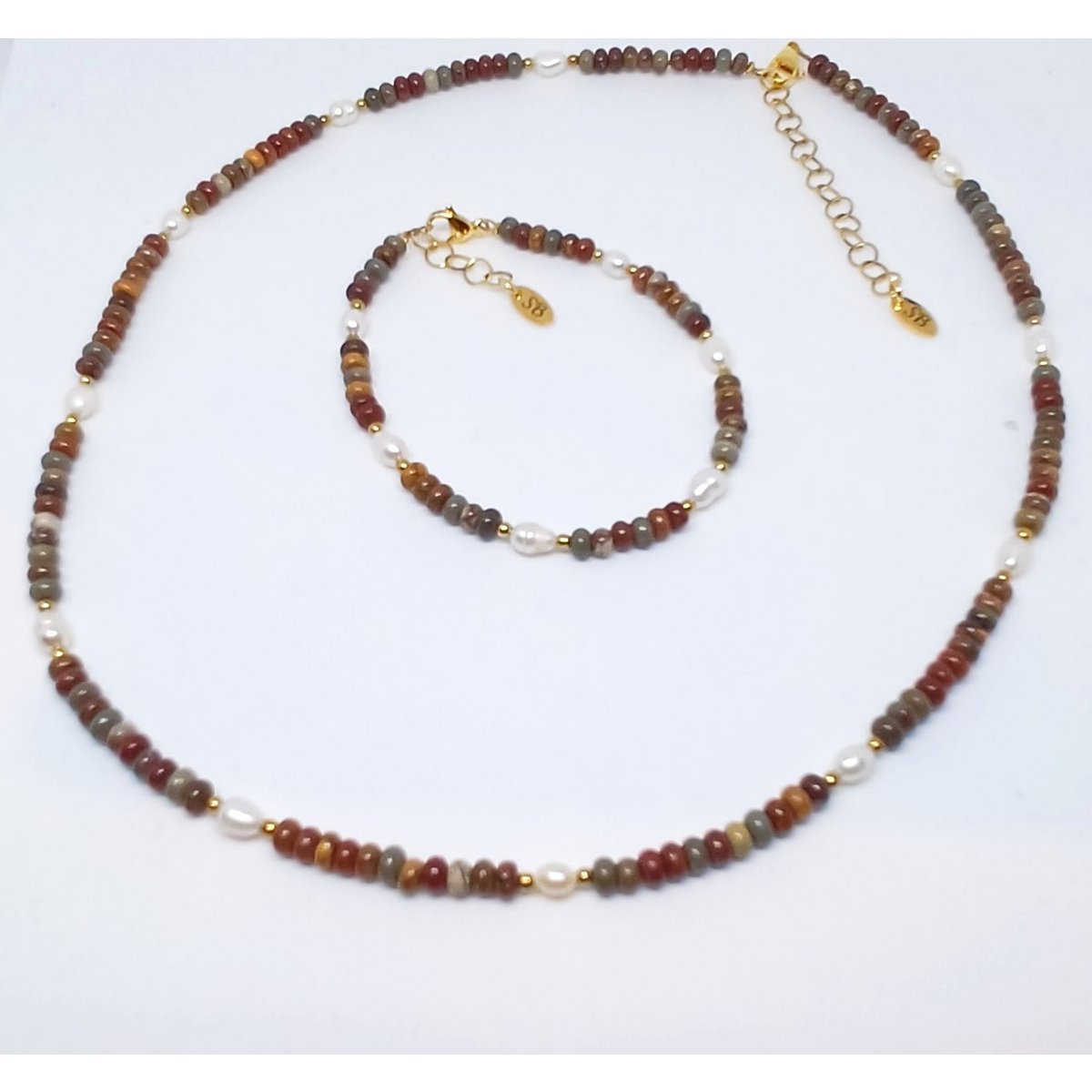Necklace gemstone roundel with freshwater pearls