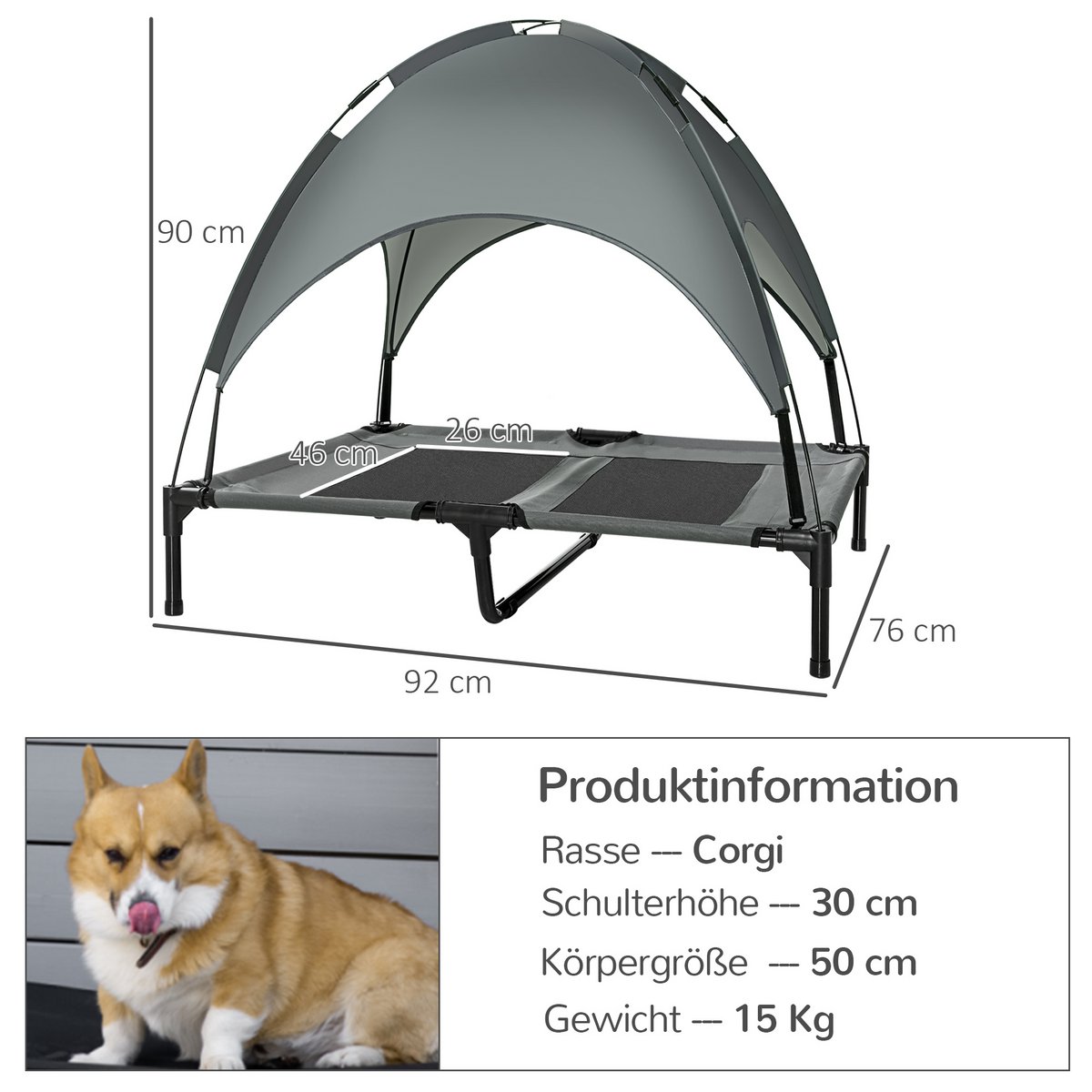Elevated Dog Bed with Canopy, Pet Bed, Outdoor Dog Lounger with Roof, Breathable, Taffeta Fabric for Camping Gray 92 x 76 x 90 cm