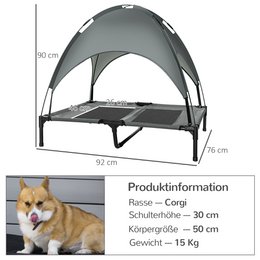 Elevated Dog Bed with Canopy, Pet Bed, Outdoor Dog Lounger with Roof, Breathable, Taffeta Fabric for Camping Gray 92 x 76 x 90 cm