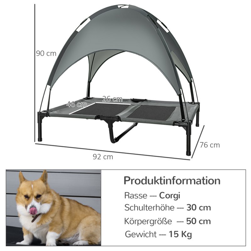 Elevated Dog Bed with Canopy, Pet Bed, Outdoor Dog Lounger with Roof, Breathable, Taffeta Fabric for Camping Gray 92 x 76 x 90 cm