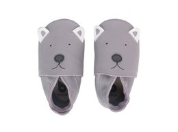  Soft, grey baby shoes with a woof gull design. Available in sizes L, M, and S.