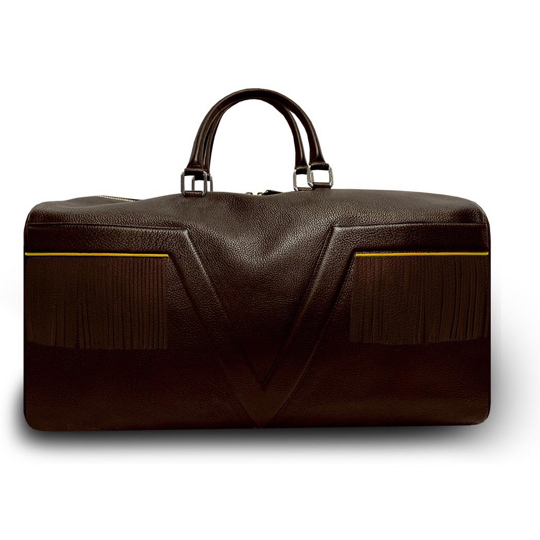 Modello Grande -Borsa da viaggio LAKE VIEW. Frangia iniziale in pelle marrone - Bordi gialli