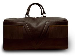 Modelo Grande -Bolsa de viaje VISTA AL LAGO. Inicial - Flecos de cuero marrón - Bordes amarillos