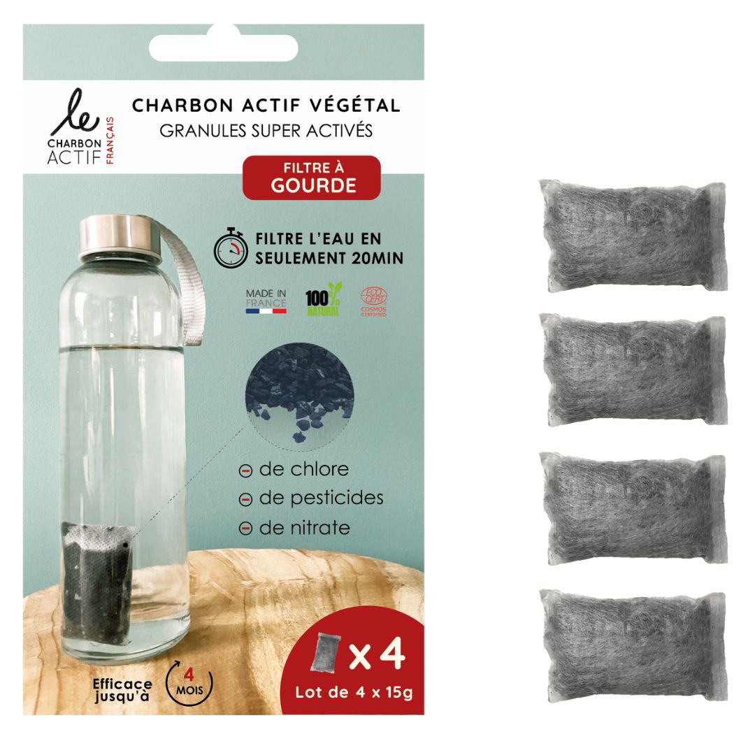 Set van 4 nomadische flessenfilters met supergeactiveerde plantaardige houtskool