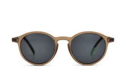  Round, retro-style sunglasses with a beige frame and dark lenses. The sunglasses have a classic, vintage-inspired design.