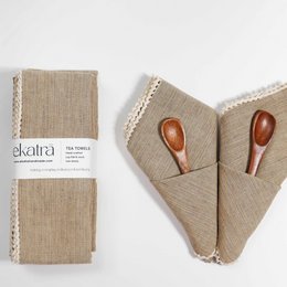 Beige linen tea towels, natural woven fabric, white lace trim, kitchen textiles set.