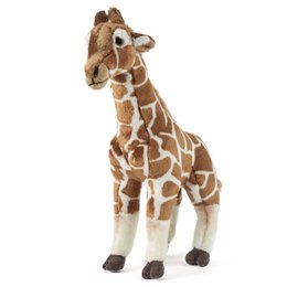  A large, plush giraffe toy with a soft, brown and tan spotted pattern. The giraffe has a long neck and a friendly, expressive face.