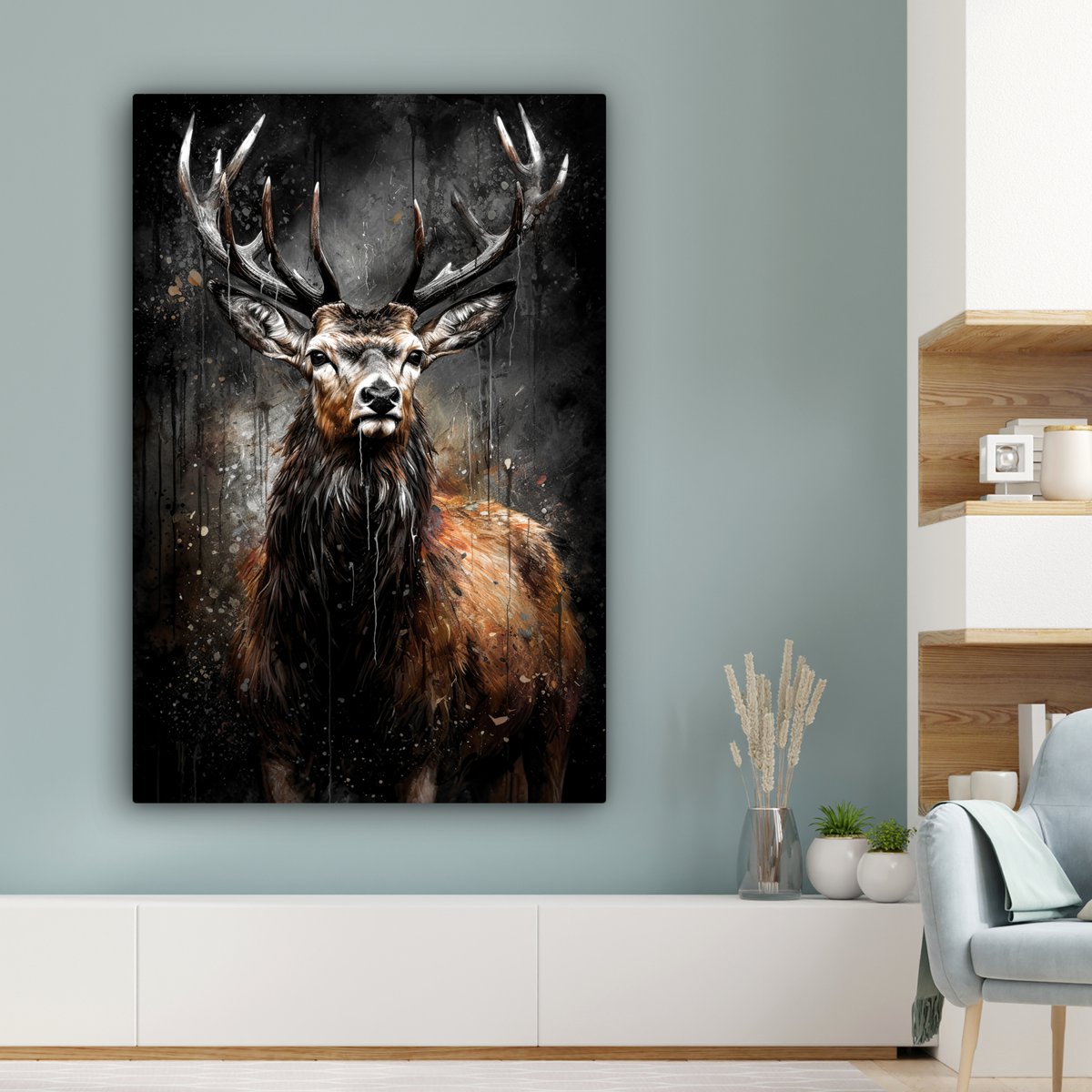 Leinwand Malerei - Wanddekoration Hert - Schwarz - Tier - Hirschbett - Wanddekoration Wohnzimmer - Schlafzimmer Dekoration - Raumzubehör - Leinwand Gemälde