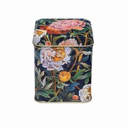 A square storage box with a vibrant floral pattern in shades of pink, yellow, and green on a dark background. The box has a lid and appears to be made of a sturdy material, likely metal or ceramic.