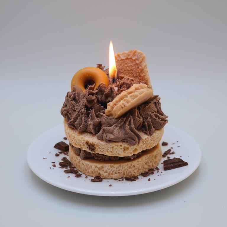 LAVURI® Caramel Cake Candle - Cake with whipped cream, chocolate bars and cookie rings as decoration