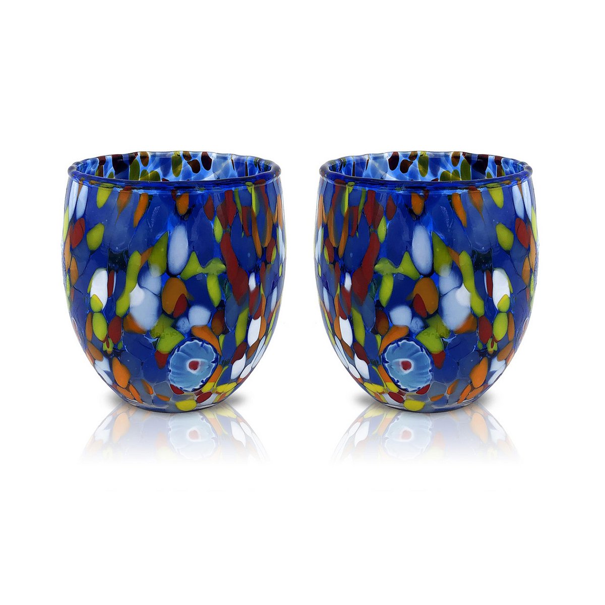 Klassieke waterglazen van handgeblazen en handgemaakt glas met Murano Murrine, lijn “I Colori di Murano”, 320 ml. Gemaakt in Italië