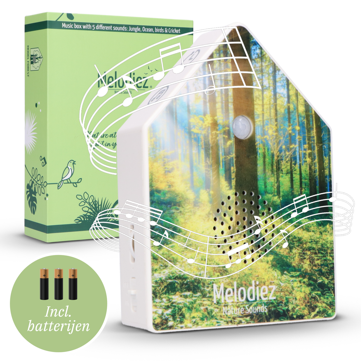Melodiez Deluxe - Coffret Incl. Piles et 5 sons naturels d'oiseaux, d'océan, de grillon et de jungle - Bird Sound House avec capteur
