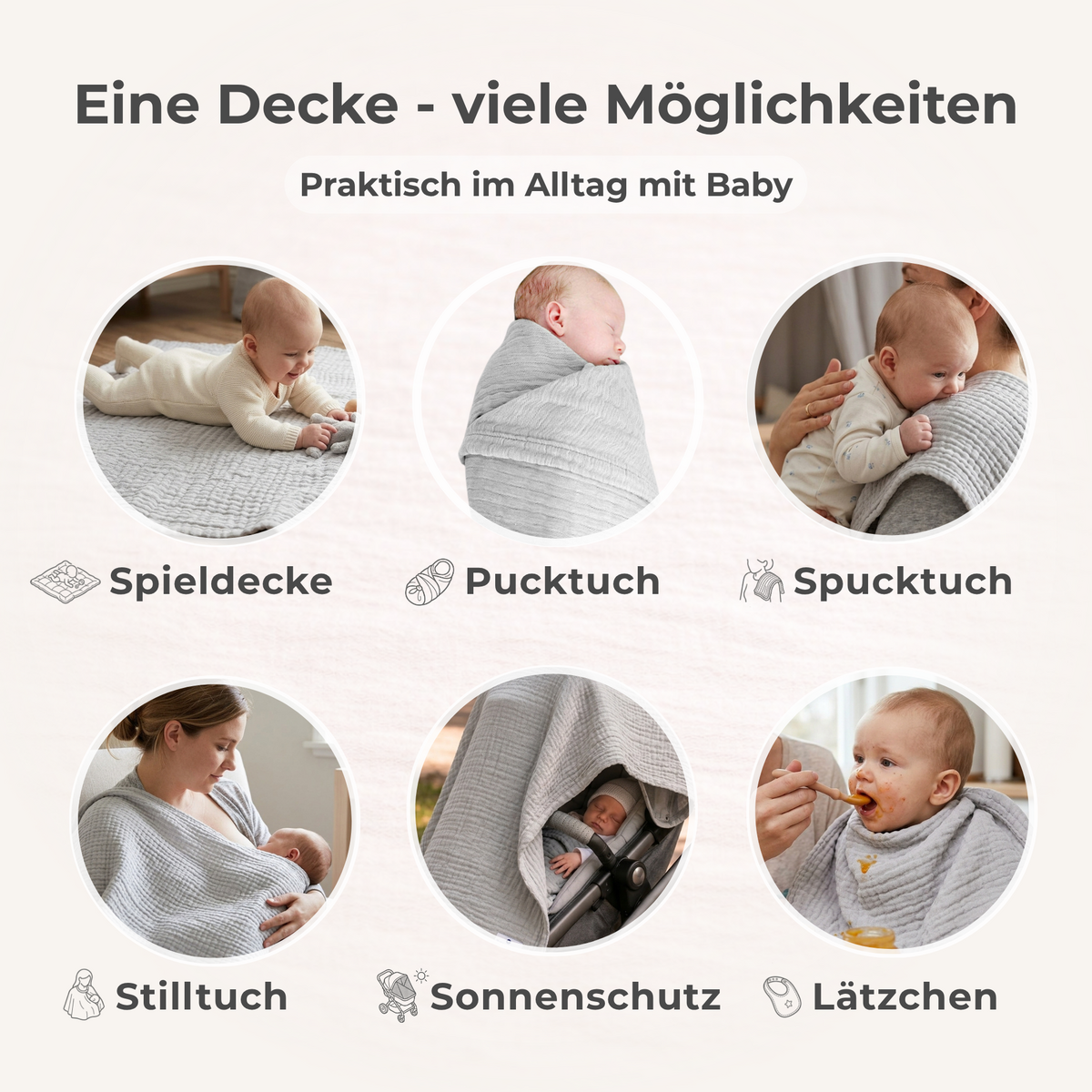 Grey 4 in 1 Muslin Baby Blanket Large