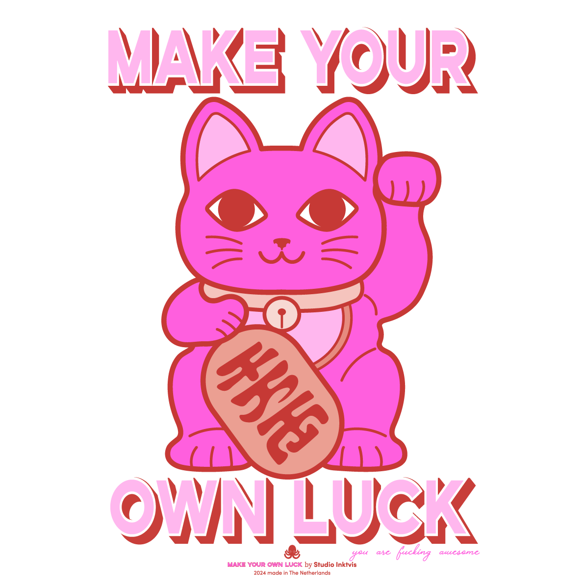Riso Poster A3 Maneki Neko Neon Rose Rude