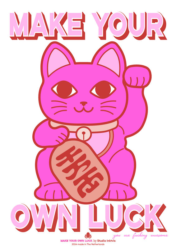 Riso Poster A3 Maneki Neko Neon Rose Rude
