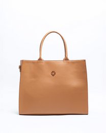 Camel-colored leather shoulder bag with a structured silhouette, featuring a detachable strap and a metal logo detail.