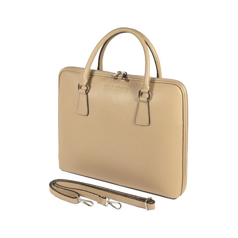 RB1019AQ | Unisex Business Briefcase in Genuine Leather Made in Italy with removable shoulder strap. Attachments with shiny nickel metal snap hooks - Taupe color - Dimensions: 37 x 29 x 6.5 cm