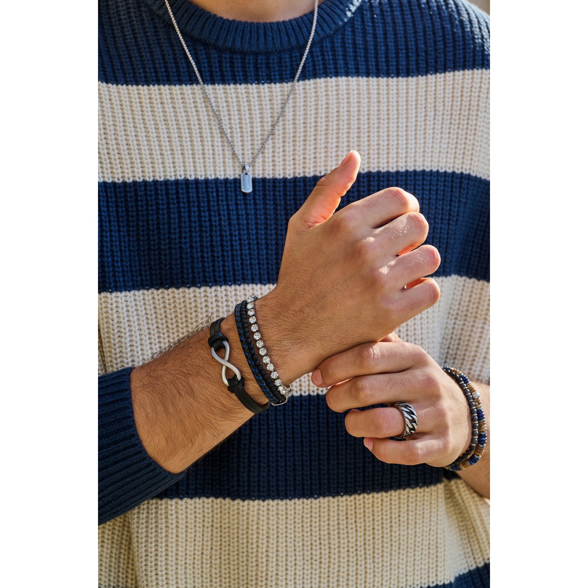 Frank 1967 7FB-0297 Læderarmbånd med stålelementer Infinity 1,5 x 2 cm - Mænd - Længde 20 + 1 cm - Mørkebrun