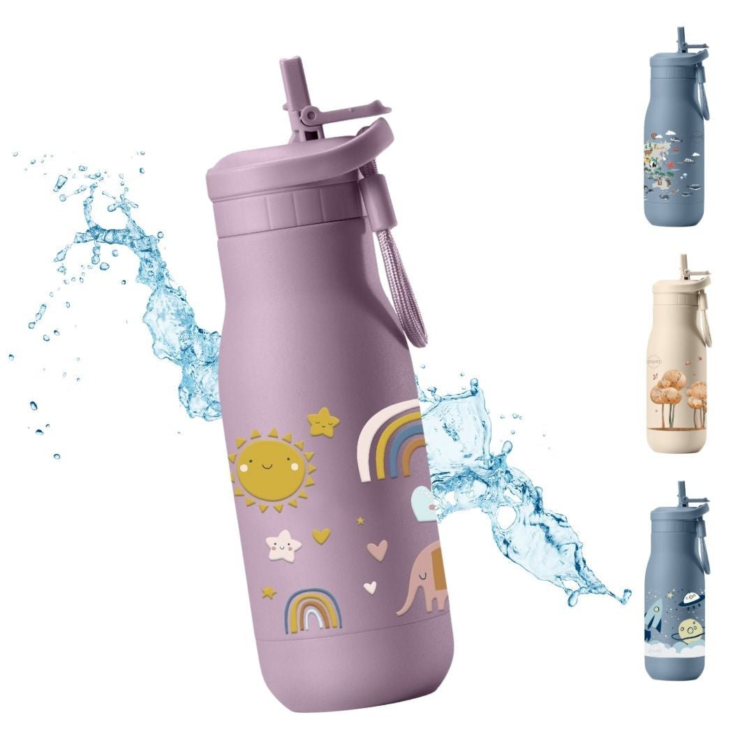 Jenard® kinderdrinkfles RVS - lekvrij, dubbelwandig, BPA-vrij, thermosfles voor school en kleuterschool. Roze/regenboog