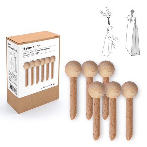 Schachtel mit 6 Holztaschenclips - natürlich