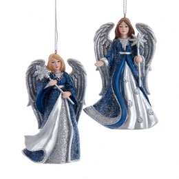 Ornamental angel figurine with silver and glitter accents, wearing a blue and white dress. The angel has large wings and a serene expression.