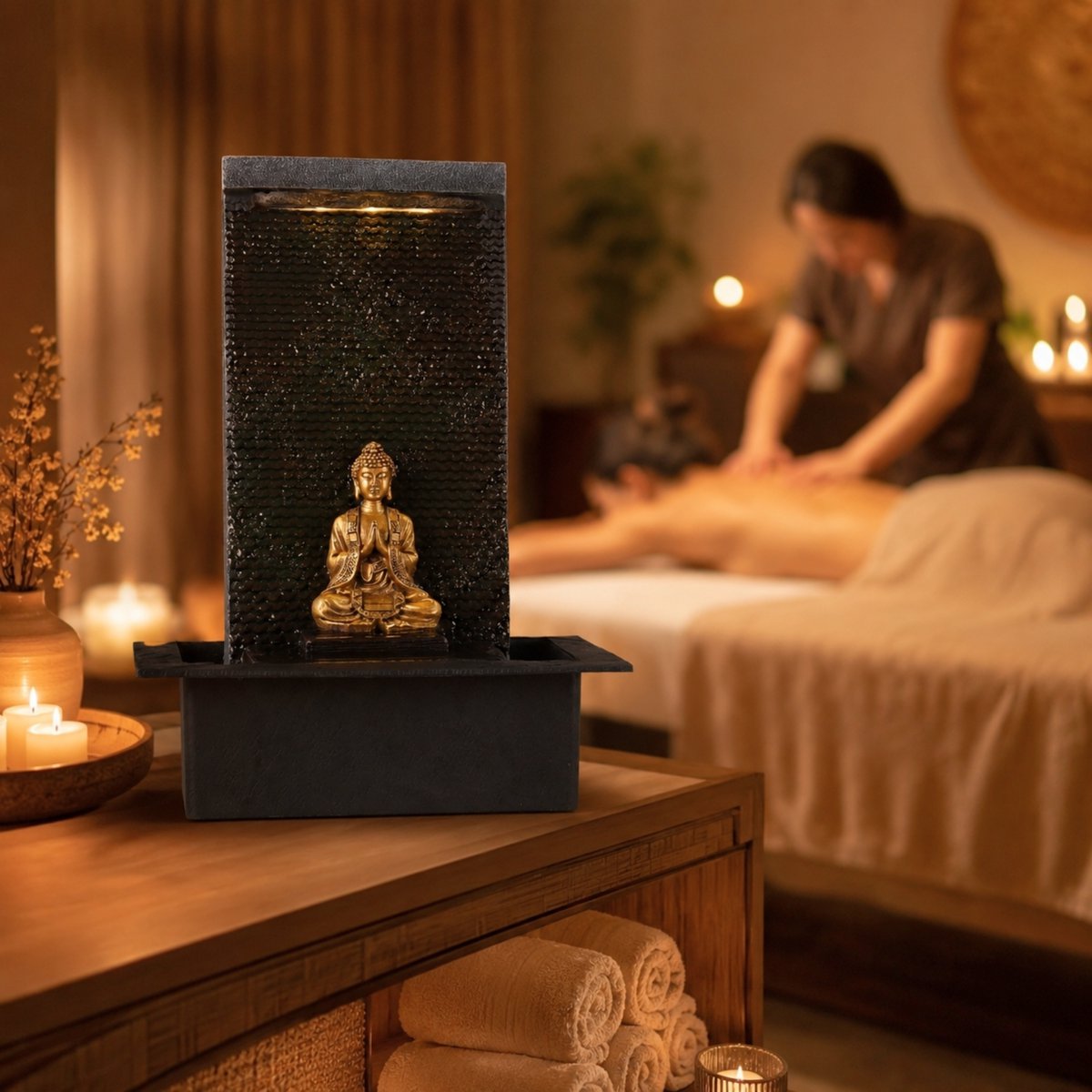 Zimmerbrunnen – Zenitude – Buddha-Statue LED-Beleuchtung – Zen- und Entspannungsatmosphäre – Deko-Idee