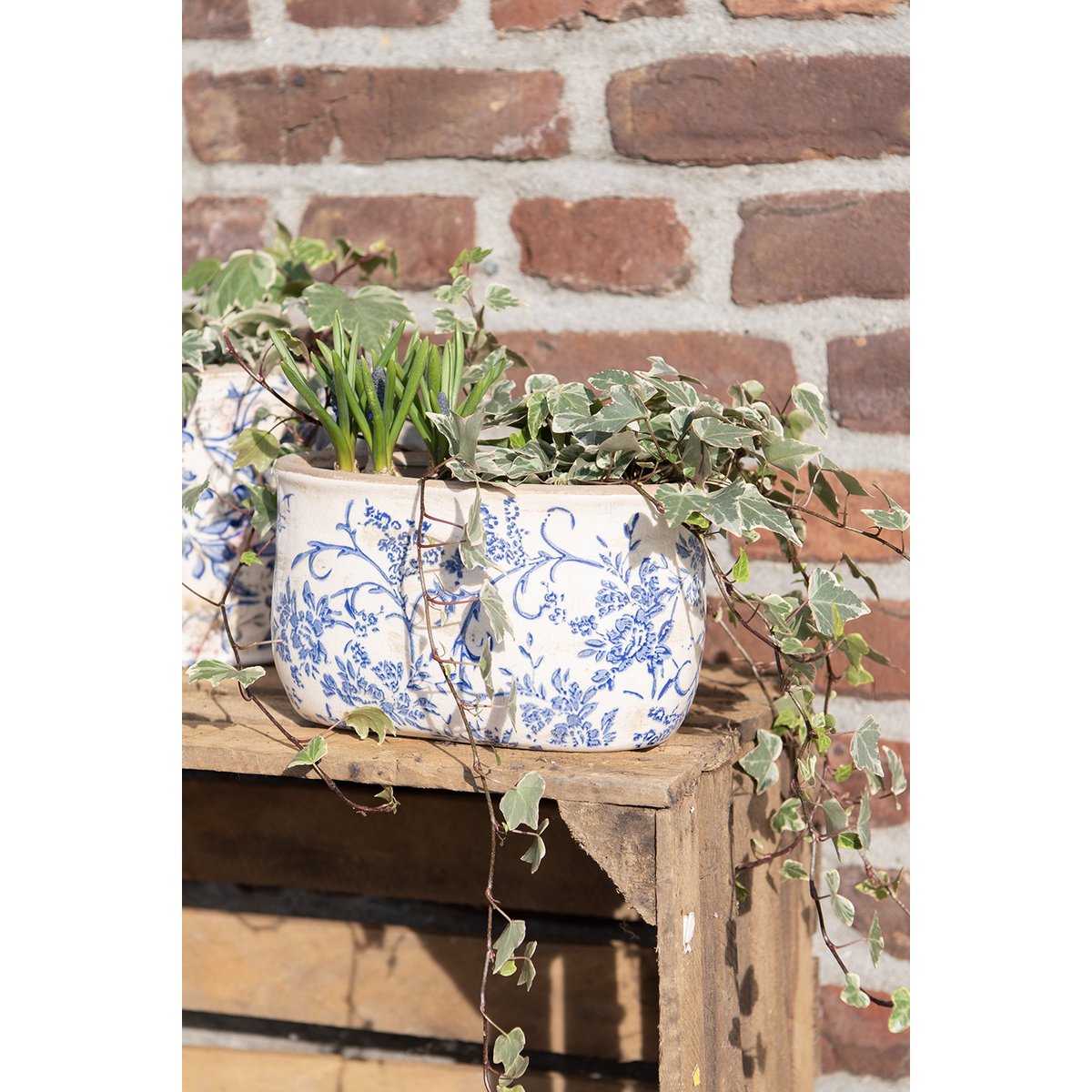 Bloempot 22x10x12 cm Blauw Wit Keramiek Bloemen Bloempot Binnen