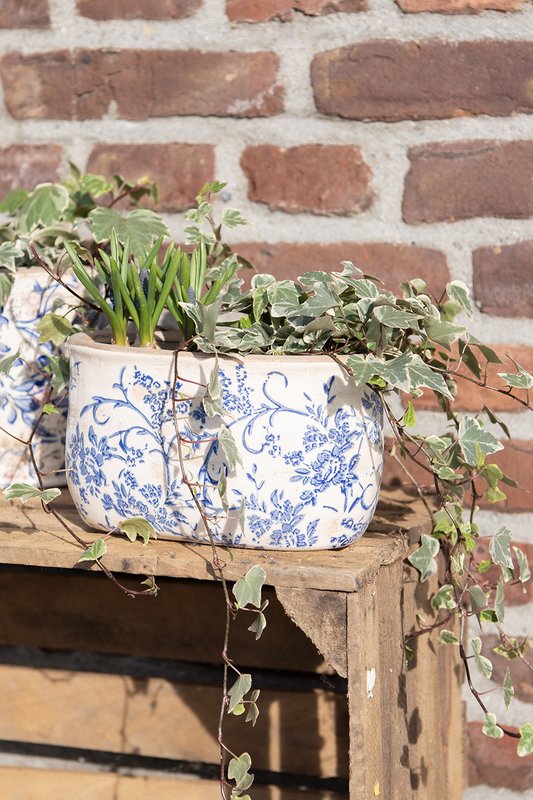 Bloempot 22x10x12 cm Blauw Wit Keramiek Bloemen Bloempot Binnen