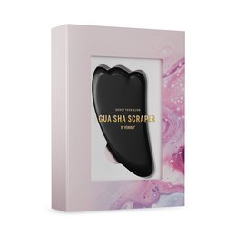Guasha stone in black obsidian and rose quartz variants, used for skin care and body treatments. Oval-shaped with scalloped edges.