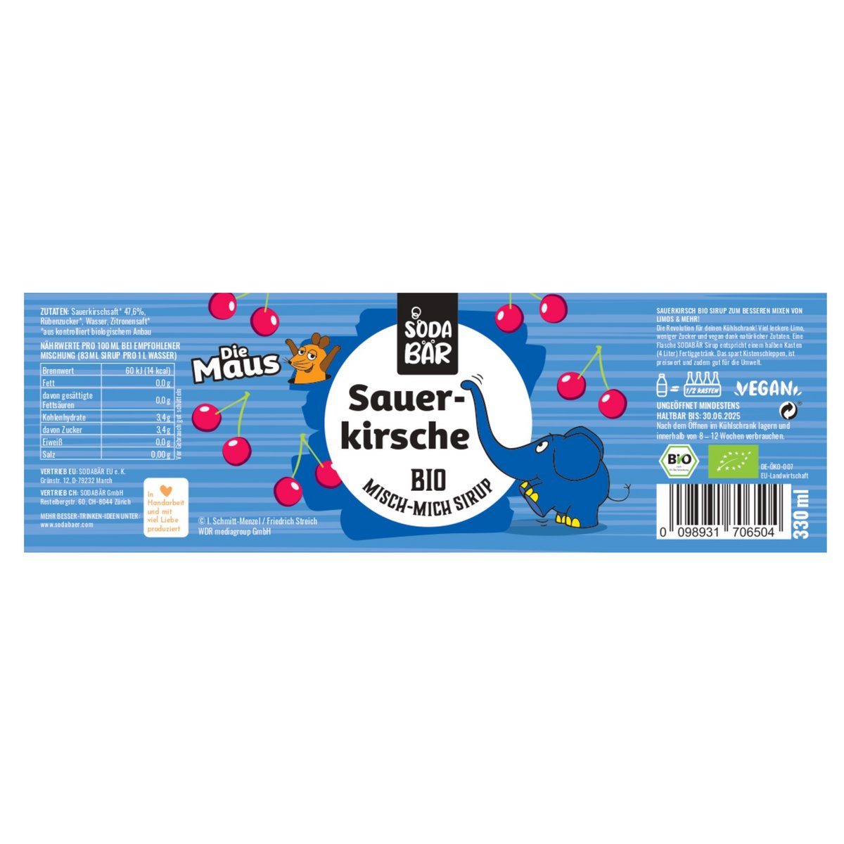 Sirup Maus Bio Sauerkirsche > bis zu 4 L Getränk mischen, 100% Bio, 100% lecker und 100% Maus