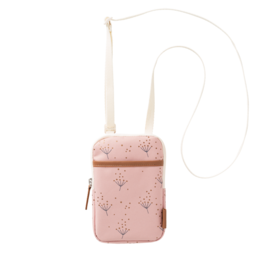 Soft pink phone holder with dandelion pattern, designed for convenient hands-free use while on the go.