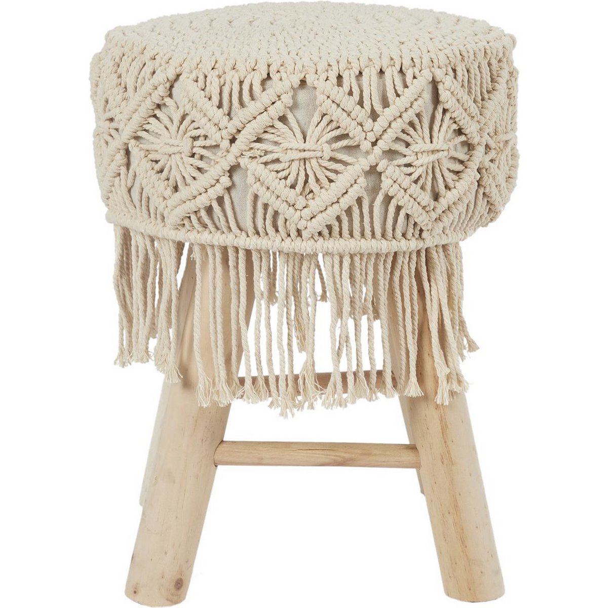 Bohemian wooden stool with handmade macramé - Ø32 x 42 cm - boho side stool / seat stool / ottoman of natural materials - decorative stool for living room, hall or bedroom - brown