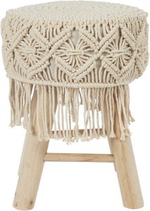 Bohemian wooden stool with handmade macramé - Ø32 x 42 cm - boho side stool / seat stool / ottoman of natural materials - decorative stool for living room, hall or bedroom - brown