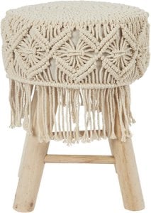 Bohemian wooden stool with handmade macramé - Ø32 x 42 cm - boho side stool / seat stool / ottoman of natural materials - decorative stool for living room, hall or bedroom - brown