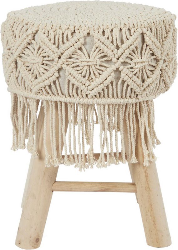 Bohemian wooden stool with handmade macramé - Ø32 x 42 cm - boho side stool / seat stool / ottoman of natural materials - decorative stool for living room, hall or bedroom - brown