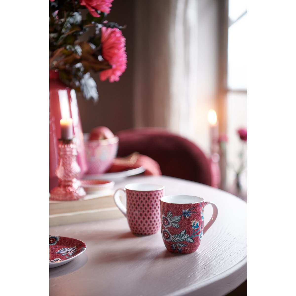 Set/2 Mugs Small Flower Festival Dark Pink 145ml