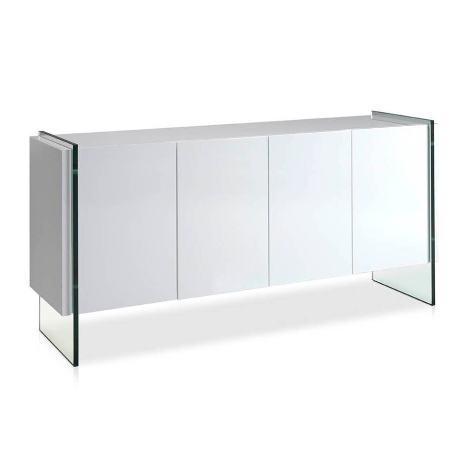Sideboard aus weißem Holz und gehärtetem Glas