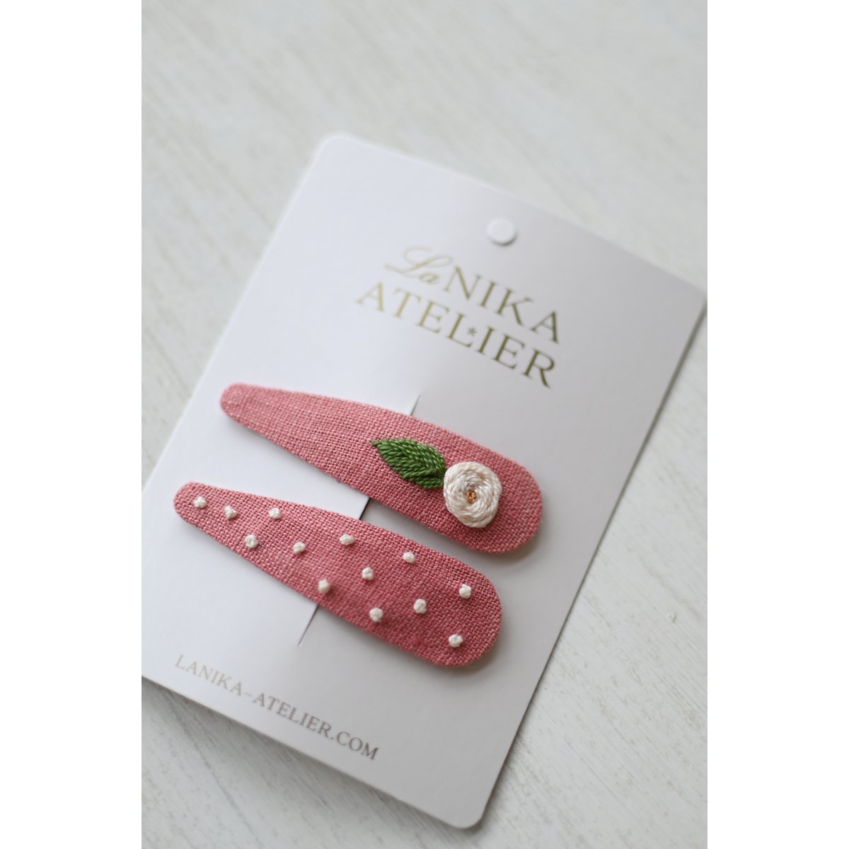 Barrettes cheveux Rose et feuille + pois rose saumon