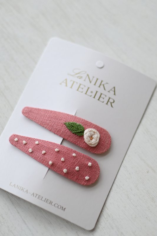 Barrettes cheveux Rose et feuille + pois rose saumon