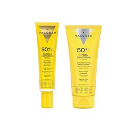  'Pack Solar Facial Invisible Protection e Hydra Sunscreen SPF 50+ - 115 ml, a face serum product with SPF 50+ protection and hydrating properties.'

The product is a face serum with SPF 50+ protection and hydrating properties. The key details that can be extracted from the images are:

- Colors: The product packaging has a yellow and white color scheme.
- Materials: The product is packaged in a tube, likely made of plastic.
- Style: The packaging has a simple, minimalist design.
- Shape: The product is in a cylindrical tube shape.

The description captures the essential information about the product, including the product name, category, SPF level, and hydrating properties, in a concise manner suitable for a semantic search.