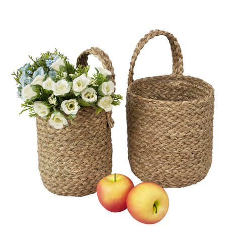 Körbe zum Aufhängen an der Wand & kleine Blumentopfhalter (Set 2) | Seegras-Wanddekor-Übertopf