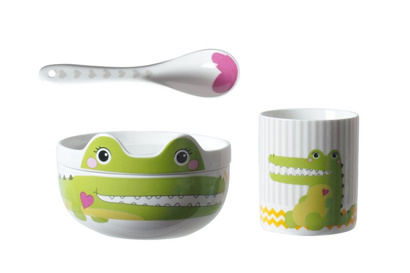 Cocodrilo feliz - juego de cena, juego de desayuno, 4 piezas, porcelana