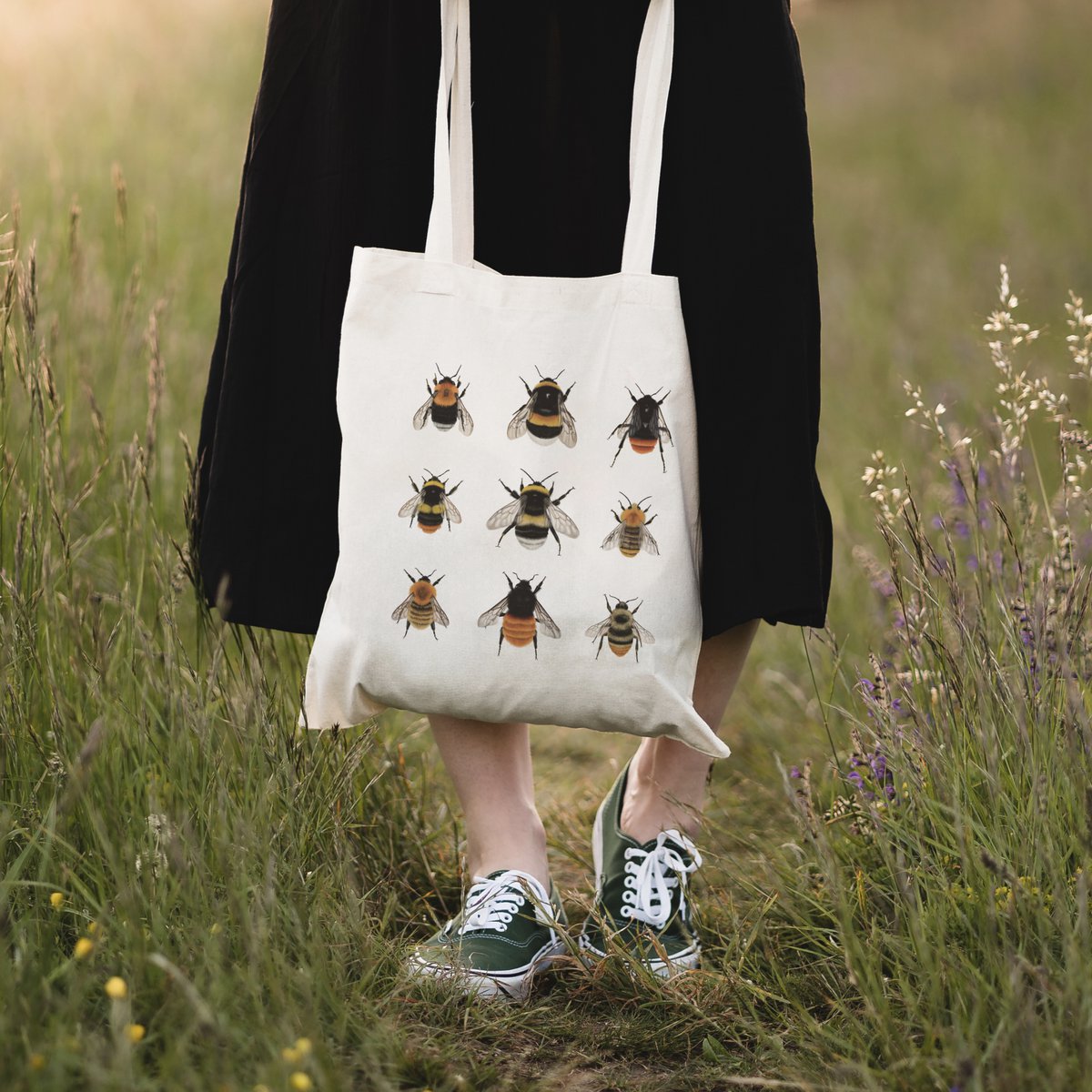 Bio Baumwolltasche Hummeln, Stofftasche bedruckt, Jutebeutel für Naturliebhaber