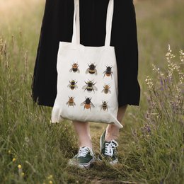 Bio Baumwolltasche Hummeln, Stofftasche bedruckt, Jutebeutel für Naturliebhaber