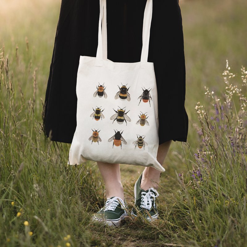 Bio Baumwolltasche Hummeln, Stofftasche bedruckt, Jutebeutel für Naturliebhaber