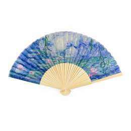 Elegant hand fan featuring Monet's iconic Waterlilies painting. Vibrant blue and green colors create a serene, nature-inspired design. Ideal accessory for warm weather or formal events.