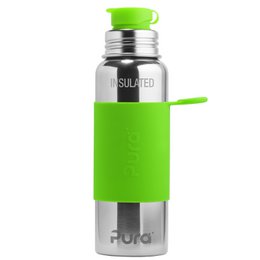 Stainless steel sports bottle with green silicone sleeve, 650 ml capacity.